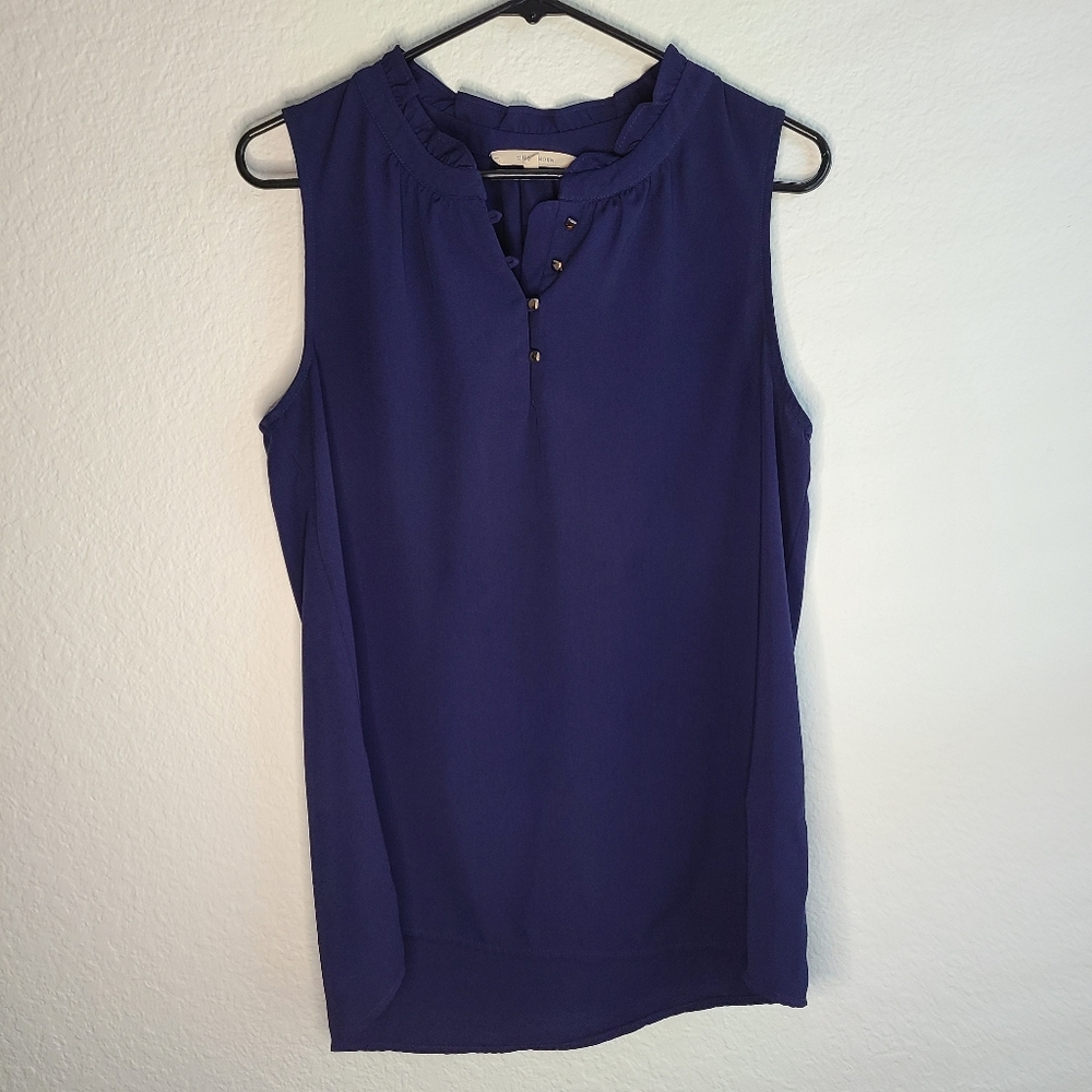 41 Hawthorn Blue Sleeveless Ruffle Neckline Blouse